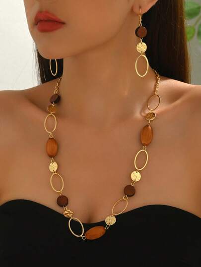 1 Set di collana e orecchini in legno tondo cavo vintage, collana a catena da maglione di moda adatta come regalo per donne, feste, Natale e Capodanno