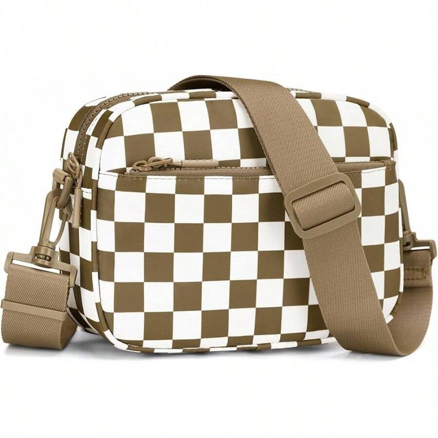 Checkered Crossbody Bag For Women Small Cute Purses Shoulder Handbags Wide Strap - Caramel Check - View 1
