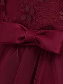 Young Girls' Round Neck Long Sleeve Lace Mesh 3D Floral Bow Elegant Flower Girl Dress For Formal Party, Birthday, Excludes Headband