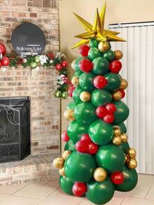 93pcs Christmas Tree Theme Balloon Column Set, Includes Yellow Explosion Star Balloons, Red, Green, Yellow Latex Balloons, Suitable For Christmas Party, Christmas Themed Birthday Party, Winter Home Decor, New Year's Eve Party Decor, DIY Christmas Tree