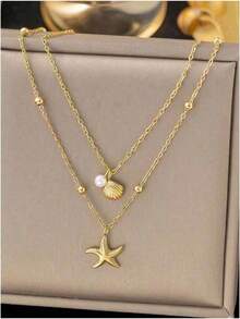 1pc Ins Inspired Sea-Themed Double Layer Necklace  Gold Plated Stainless Steel Shell & Starfish Pendant, Waterproof Dainty Layering Jewelry For Women, Perfect For Beach Getaways & Daily Wear,  Light Luxury Accessory, Ideal Gift - 彩色 - 查看 1