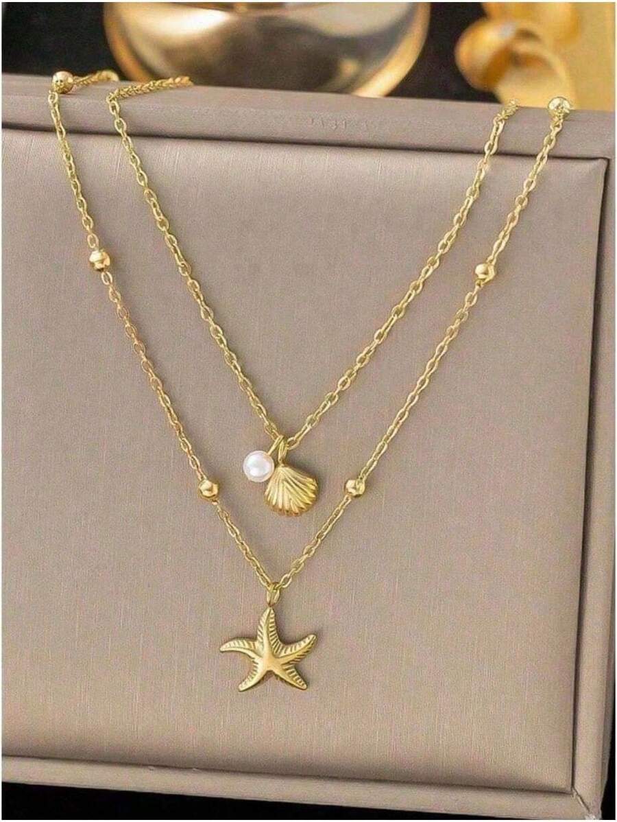 1pc Ins Inspired Sea-Themed Double Layer Necklace  Gold Plated Stainless Steel Shell & Starfish Pendant, Waterproof Dainty Layering Jewelry For Women, Perfect For Beach Getaways & Daily Wear,  Light Luxury Accessory, Ideal Gift - 彩色 - 查看 1
