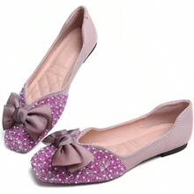 SAILING LU Square Toe Flats Shoes Rhinestoned Bowknots Ballet Flats For Women Studded Dress Shoes Comfort Light Weight LoafersChristmas - C-粉紅色 - 查看 5