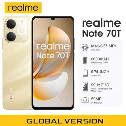 Realme Note 70T AI Power Octa-Core Unisoc T7250 Processor Smartphone, 6.72" FHD+ 90Hz AMOLED Display, 50MP AI Dual Camera, 6000mAh Long-Lasting Battery, 18W Fast Charge, IP54 Life Water Resistant, Android 14 - 4+128GB/6+128GB/8+256GB,Global Version