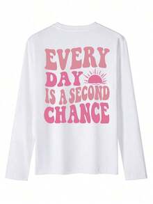 2025 Women's New Slogan Print Casual Loose Crew Neck Long Sleeve T-Shirt For Autumn/Winter, Elevate Your Wardrobe With Our Fashionable Ladies Long Sleeve Tees: These Tops Are Perfect For Layering, Casual Wear Or Expressing Your Style, Suitable For Various Occasions, Combining Comfort And FashionabilityLoose And Comfortable - 白色 - 查看 3