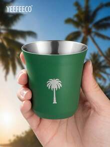 yeefeeco 1pc Stainless Steel Teacup, Coffee Cup With Green Palm Tree Pattern, Saudi National Day Gift, Iced Americano & Latte Cup, Outdoor Camping Water Cup, Mug, Green & Black Coffee Cup (80ml/160ml), Suitable For Saudi National Day Gifting, Receiving Guests And Afternoon Tea