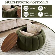 YDCOSYFY 30 Inches Large Round  Ottoman With Storage,Pumpkin Shape Upholstered Ottoman Coffee Table, With Removable Wooden Top, Soft Teddy Fabric Surface, For Living Room, Bedroom - 綠色 - 查看 5
