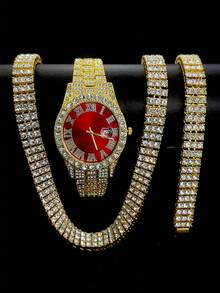 Luxury Alloy Men's Quartz Watch With Rhinestone & Crystal Inlaid, Date Display, Paired With Hip Hop Cuban Link Necklace And Bracelet Set - Necklace Set - View 12