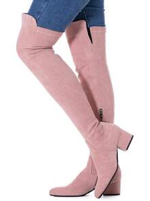 Women Over Knee Boots Thigh High Suede Black Block Low 2 Inch Heel Chunky Above Knee Winter Pointed Toe, Fashionable Cold-Weather Boots - 粉紅色 2 吋高跟鞋 - 查看 7
