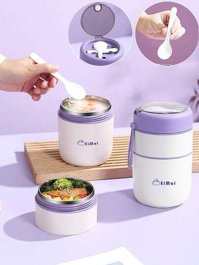 1 pieza Caja térmica para el almuerzo de doble capa de acero inoxidable de 500ml/680ml, recipiente aislado para alimentos, taza para sopa, caja bento con cuchara plegable (color de tapa aleatorio), útiles escolares