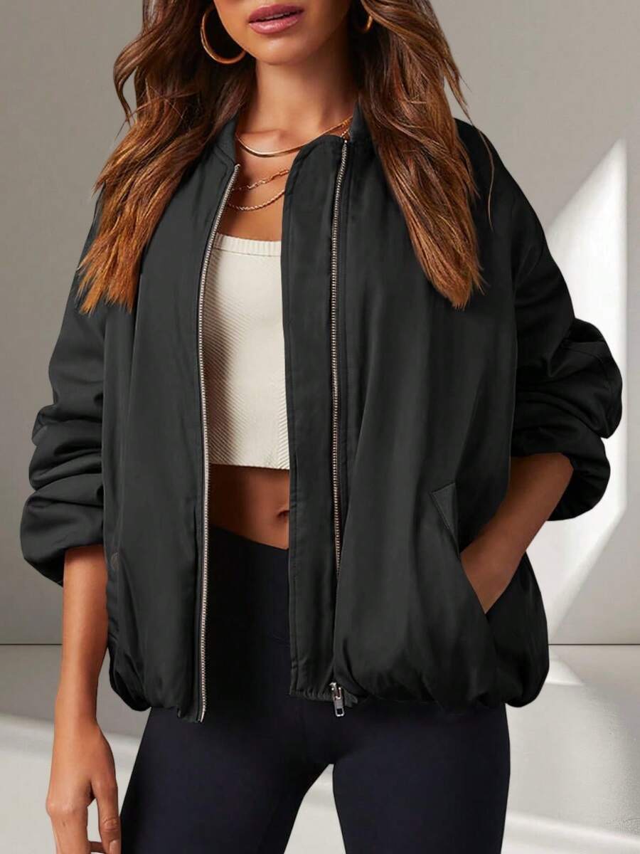 Fisoew Women's Oversized Zip Up Bomber Jacket – Petite-Friendly & Curvy Fit Winter Warm Streetwear Coat With Pockets, Figure-Flattering Casual Outerwear For Daily Wear, Travel, School & Night Out, Y2K Style Jacket, Christmas Gift & New Year Gift - 黑色 - 查看 1