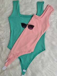 KIT OF 2 PLUS SIZE BODYSUITS IN SUPLEX MESH FOR WOMEN'S FASHION - 淺綠色/淡粉紅色 - 查看 3