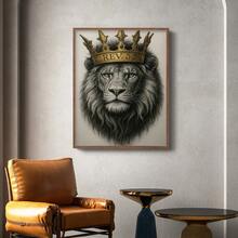 1pc Restickable Framed Lion Of Judah Art Print, Wood Frame, Biblical Inspired Regal Animal Wall Decor With Gold Crown & Scripture Accent, Spiritual Artwork For Living Room, Office, Or Prayer Room, Made In USA, Ready To Hang Art Prints - 棕色 - 查看 4