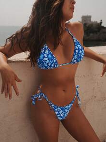 Women's Fashionable Floral Print Sexy Backless Halter Bikini Set