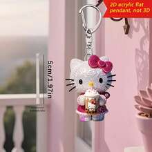 Sanrio 1 件 - 2D 平面 Hello Kitty 钥匙扣，带闪亮水钻，可爱的奶茶设计，可爱的包包和钥匙吊坠，节日礼物装饰，汽车钥匙链，背包配件，2D 平面