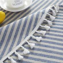 Round Tablecloth Stripe Tassel Table Cloth Cotton Blend Dust-Proof Table Cover For Dining Circle Coffee Side End Card Tables, Parties Holiday Indoor Outdoor Use (Blue/White Stripes, 60 Inch) - Blue60Round - View 6
