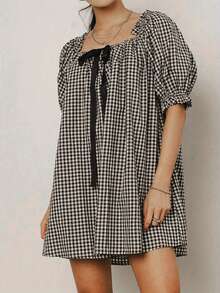 Women Plaid Summer Dress Loose Bow Square Neck Puff Sleeve Short Dress For Daily Travel - màu đen - Xem 4