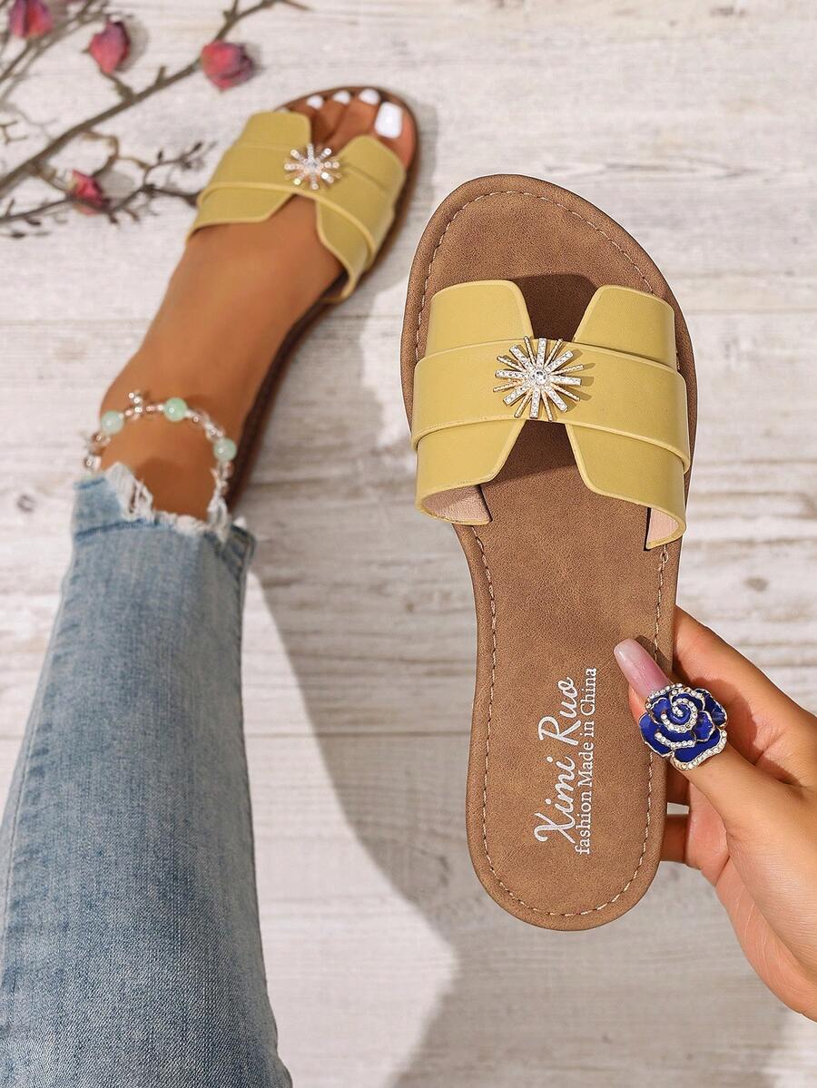 韩版休闲平底拖鞋，露趾，编织罗马凉鞋，适合春夏，沙滩，度假，搭配连衣裙，平底，棕色 - 乳黃色 - 查看 1