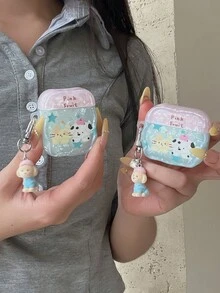 4 耳机保护套，夏季贝壳图案猫狗设计，适用于 Apple 1/2/Pro 保护套，带绑带 - 藍色 - 查看 1