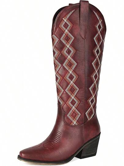 Cowboy Boots For Women Mid Calf Cowgirl Boots Western Chunky Heel Boot Argyle Pattern