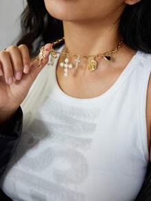 DareSee 1pc Elegant Metal Alloy Multi-Pendant Necklace With Classic Faux Pearl Cross, Western Cowboy Boot, Cowboy Hat, Heart Charm Combination, Fashionable Jewelry For Women Daily Wear, Beach, Party, Festival, Adjustable Chain Length Winter Gifts - Imitation Pearl Cross - View 3