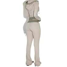 Women's Contrasting Color Waistband Splicing Micro Flared Knitted Sweatshirt, Slim Fit And Fitness Pants, Casual Pants, Sports And Leisure Set, Two-Piece Set - 灰色 - 查看 3