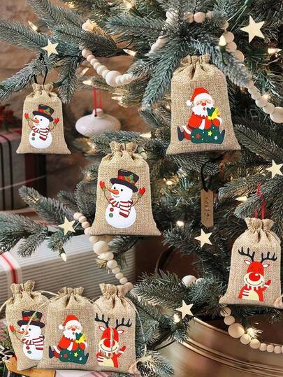 12pcs/Set Christmas Linen Drawstring Gift Bags - Santa Claus, Snowman, Reindeer Patterns, Linen Texture, Secure Drawstring Closure, Great For Christmas Stocking Stuffers, Party Favors And Stocking Fillers, Home, Office And Retail Decorations, Affordable Holiday Packaging, Rustic Textured Bags, Reusable, Seasonal Decor, And Best Christmas Home Decor