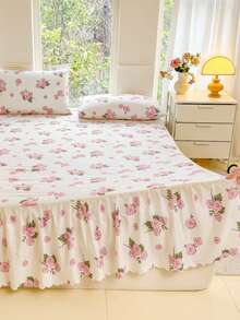 3件套（1件床裙，2件枕套）白色纯色床裙，粉色玫瑰，鲜花，花卉印花图案，荷叶边床裙，全覆盖防尘罩，裙边床裙套三件套褶皱床裙，含2个枕套床上用品套装 - 粉紅櫻晨露 - 查看 7