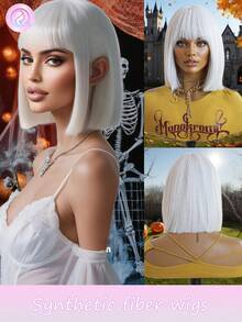 Halloween 10 Inch Bob Wigs For Women Short Straight White Wigs With Bangs Heat Resistant Synthetic Wigs For Party Costume Daily Wear Music Festival Wigs Sexy Wigs For Sexy Women Vacation Travel Family Party Everyday Wear Halloween Gifts - trắng - Xem 1