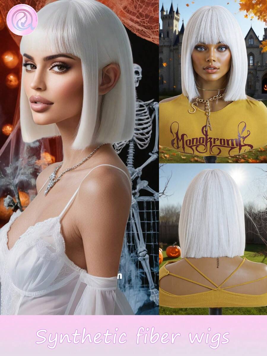 Halloween 10 Inch Bob Wigs For Women Short Straight White Wigs With Bangs Heat Resistant Synthetic Wigs For Party Costume Daily Wear Music Festival Wigs Sexy Wigs For Sexy Women Vacation Travel Family Party Everyday Wear Halloween Gifts - trắng - Xem 1