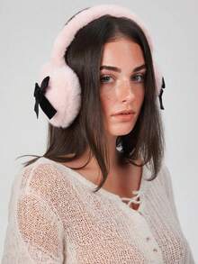 1 قطعة سماعات أذن مبطنة بفيونكة Y2K مزينة بخرز اصطناعي، دافئة للشتاء، مقاومة للبرد، قابلة للطي للنساء