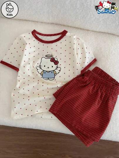 Sanrio 2pcs/Set Sanrio Hello Kitty & Angel Polka Dot Print Casual Comfortable Crew Neck Short Sleeve Top And Plaid Shorts Pajama Set For Girls, Tweens