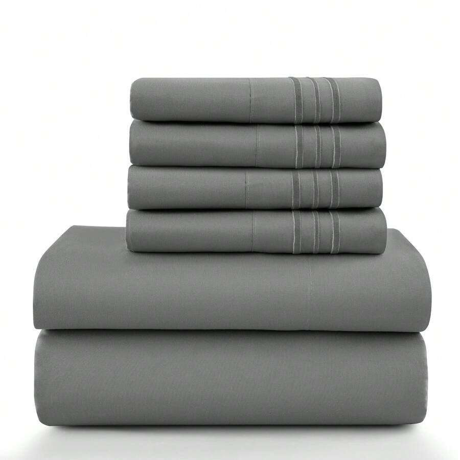 LUX DECOR 6-Piece Embroidered Bed Sheet Set – Brushed Microfiber, Deep Pocket, Lightweight & Breathable – Graduation Gifts, Home Decor, Sleep Protection For Dorms, Student Beds, Back‑To‑School Gift, Soft Bed Linens, Comfortable Sleep, Luxury Bed Set, Valentine's Day Bedroom, Spring Bedding Refresh, Guest Room Essentials, Dorm Room Bedding, Premium Bed Linens, Easy Care Sheets, Hypoallergenic Fabric, Year-Round Comfort, Master Bedroom Update, Matching Bedding Set, Hotel Quality Linens - 深灰色 - 查看 1