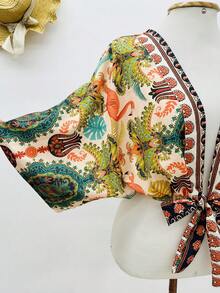 KISTYLE Crepe Blouse With Batwing Sleeves And Tie - 橘色 - 查看 3