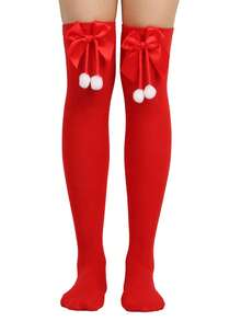 1Pair Christmas Knee High Socks For Women , Striped Long Stockings With Bow & Pom Poms, Holiday Cosplay Party Socks, Cozy Socks