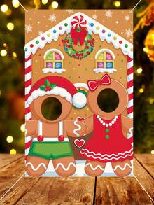 1pc Gingerbread Man Christmas Photo Backdrop Banner, Christmas Photo Props, Vinyl Christmas Photography Backdground Cloth, Christmas Door Cover, Merry Christmas Decorations For Home, Christmas Party Photoshoot Background Decor, Christmas Wall Decor