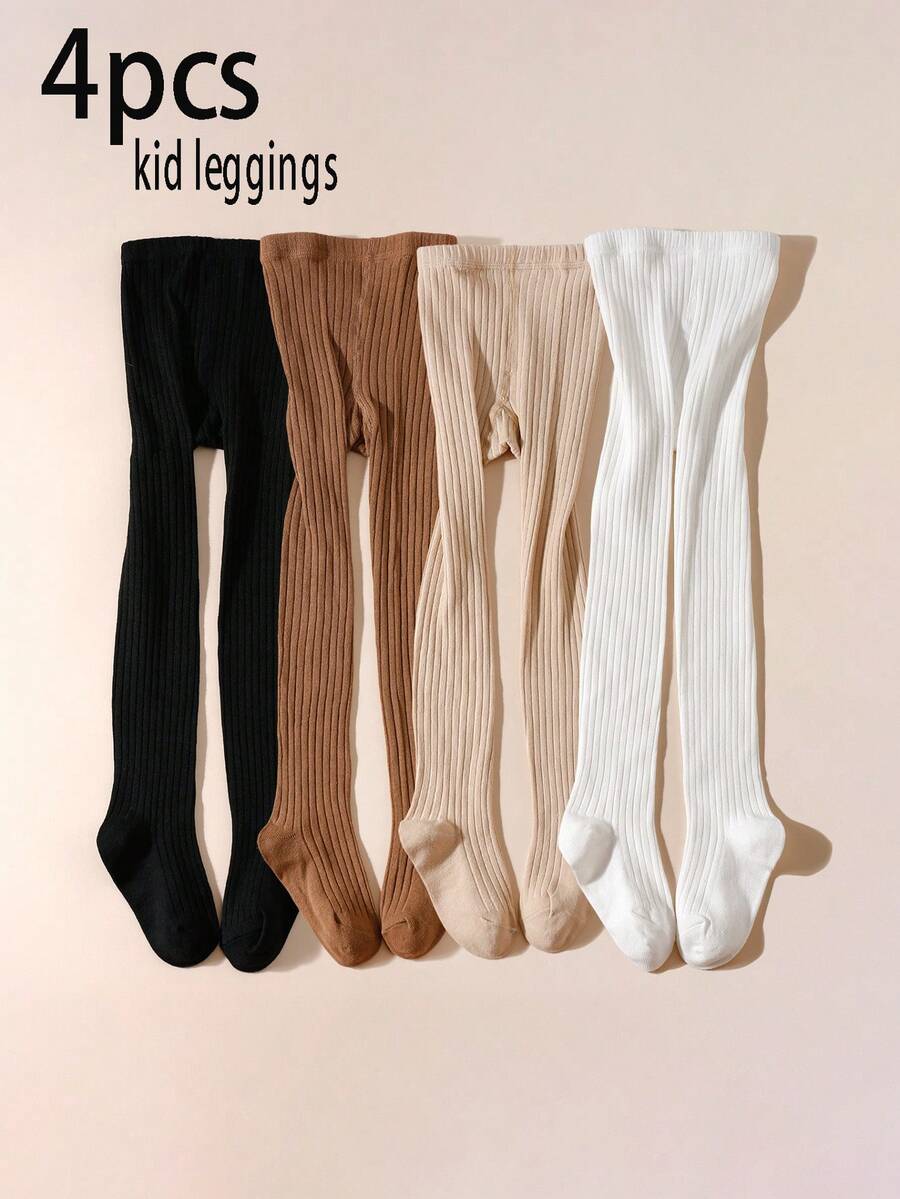 4 paia di leggings a costine versatili e semplici per bambini, stile casual adatto per le ragazze da abbinare a uniformi scolastiche e uso quotidiano, adatti per primavera/autunno/tutto l'anno - Multicolore - Visualizzare 1