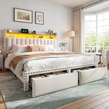 Full/Queen/King Size Bed Frame With 2 Storage Drawers Upholstered Platform Bed Frame With LED Lights, Charging Station And Headboard, Beige - 米色 - 查看 9
