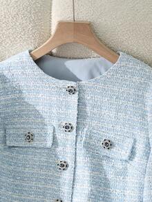 2 件套粗花呢短款夹克和迷你裙，仿口袋正面纽扣开合，优雅 - 淺藍色 - 查看 3