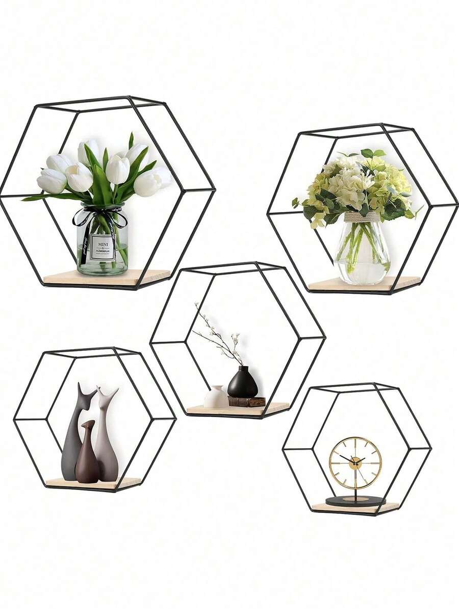 1 pièce/2 pièces Set Étagère murale hexagonale noire simple avec base en bois, étagère murale en métal creux, étagère murale en fer forgé géométrique créative, étagère murale hexagonale en fer anti-rouille, forme géométrique noire moderne avec étagère en bois massif Décoration murale de rangement