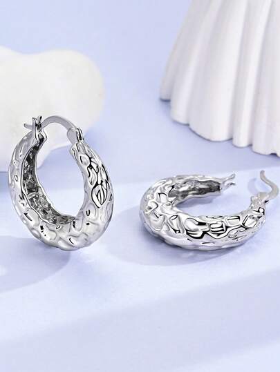 1 par de pendientes de aro de plata de ley 925 originales con forma geométrica asimétrica y diseño de patrón de agua, accesorios de moda minimalistas con estilo elegante, regalos de joyería adecuados para uso diario y fiestas