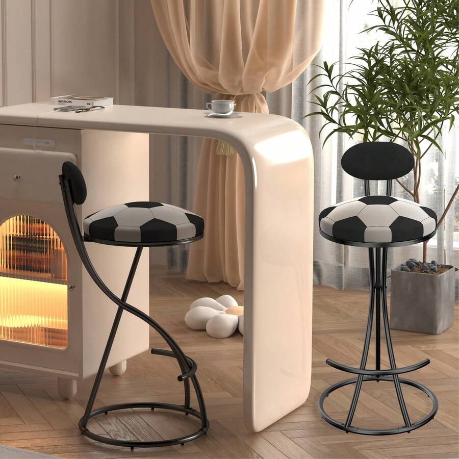 MoolSun Velvet Counter High Bar Stool (2PC), Cushioned Kitchen Chair, Coffee Shop Decorative Chair, Sturdy Metal Frame Design, 220 Pound Capacity Kitchen Island Stool, 220 Pound Capacity Kitchen Island Stool, Suitable For Home Bars/Coffee Shops/Restaurants (Football Patterned Seats, Quick Assembly) - B-Black (Ghế đẩu in hình bóng đá) - Xem 1