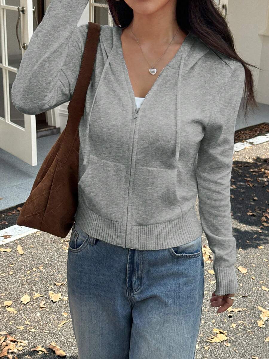阳光少女圣诞秋季女装返校Y2K休闲街头通勤纯色拉链侧袋设计连帽毛衣开衫外套 - 灰色 - 查看 1
