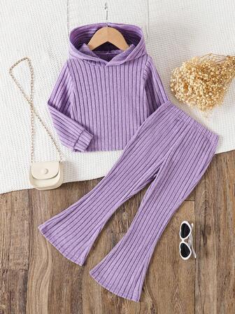 Solid Color Ribbed Knit Minimalist Stylish Hooded Long Sleeve Top + Flared Leg Pants
