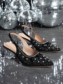 Women's Pointed Toe Crystal Heel Mary Jane Hollow-Out High Heel Pumps, Suitable For Outings, Parties, Weddings And Other Events,Party Outfits Wide Fit - Black - View 8