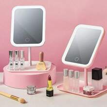 1 pieza Espejo de maquillaje LED con base giratoria y panel - Brillo ajustable, control táctil, espejo de tocador alimentado por USB con almacenamiento, caja de cosméticos portátil, regalo para mujeres - 2 colores disponibles
