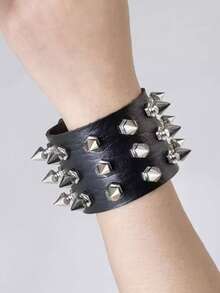 1pc Fashionable Punk Style Bracelet, Unisex PU Leather Triple Row Rivet Cuff Bangle, Exaggerated Personalized Street Dance Accessory