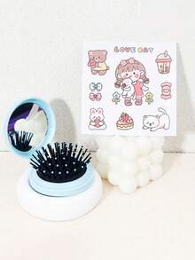 2 piezas Cepillo de pelo plegable mini lindo con espejo y pegatinas DIY - Peine de pelo de viaje portátil, diseño compacto con tapa abatible, cerdas suaves para cabello normal, regalo para niñas (rosa, azul, amarillo, negro)