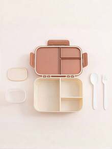 1pc Customizable Flip-Top Bento Box, Supports Artistic Text Customization, Large Area Customization, Portable, Waterproof, Leak-Proof, Ideal For Outdoor, Travel, School, Office, Includes Sauce Container And Utensils, Four-Side Locking Design