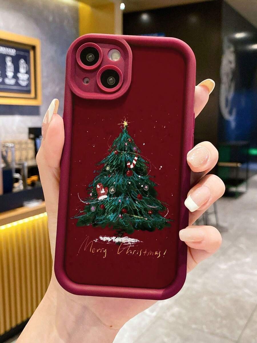 圣诞树图案酒红色加厚精密孔位极简防摔手机保护壳，兼容 16/ 16 Pro/ 16 Pro Max/ 16 Plus/ 15 XR/7/8/ 15 Pro Max/12 Pro Max/13 Pro Max/14 Pro Max/13/14/11/12/14，女款P11软壳P12防摔XS/XR/78P/78GES2，兼容手机壳 - 彩色 - 查看 1